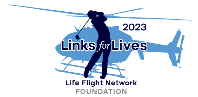 Logo for golf event showing the silhouettes of a helicopter and a person playing golf