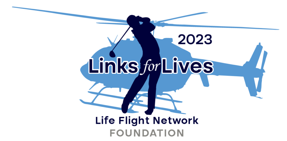 Logo for golf event showing the silhouettes of a helicopter and a person playing golf