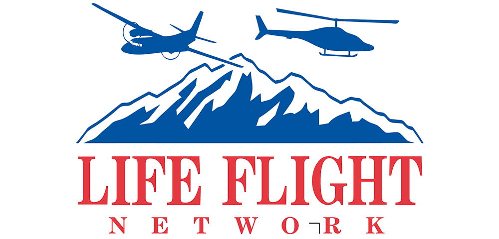 Historical Life Flight Logo. A fixed-wing plane and helicopter fly over a simplified blue mountain. Red serif letters spell out "Life Flight" below, with a smaller "NETWORK" underneath.