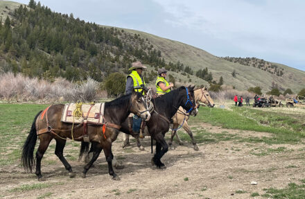 Two men with cowboy hats rides horse with another rider-less horse in tow